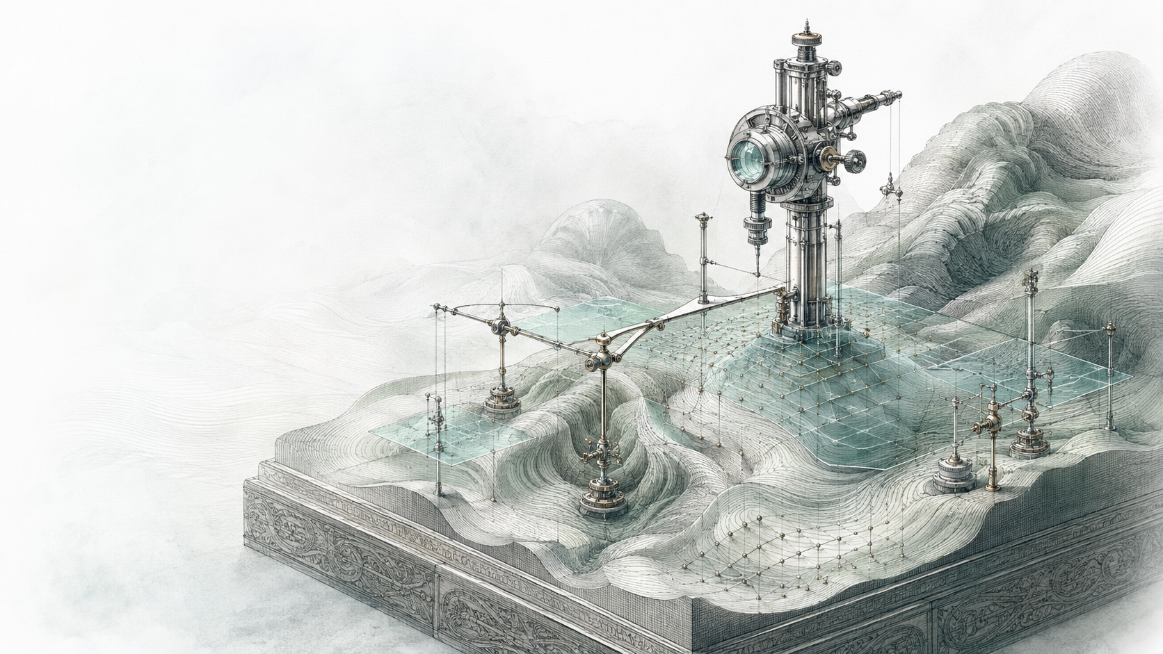 A conceptual engraving: a miniature landscape of measurement — organic terrain with slender precision instruments and translucent planes resolving toward an ordered lattice, a measuring head at the centre.